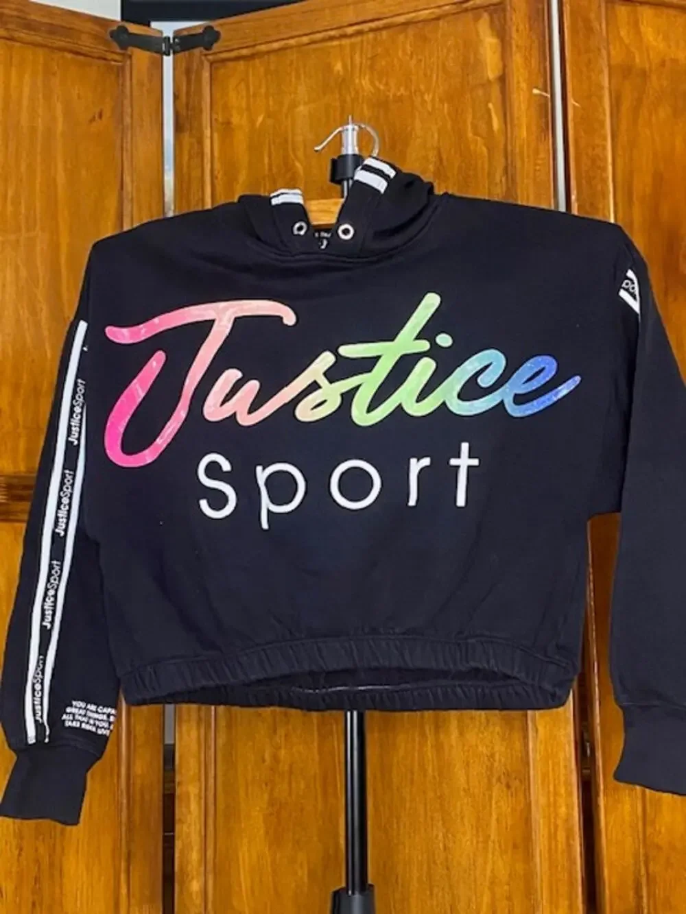 Justice Girls M 10 Black Cropped Hoodie Rainbow Justice Sport Logo